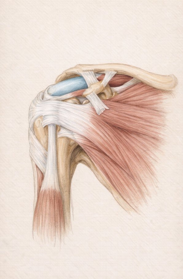 Anatomia stawu barkowego – schemat ścięgien stożka rotatorów, więzadeł i struktur mięśniowych