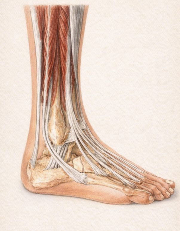 Anatomia stawu skokowego – schemat ścięgien, więzadeł i struktur kostki