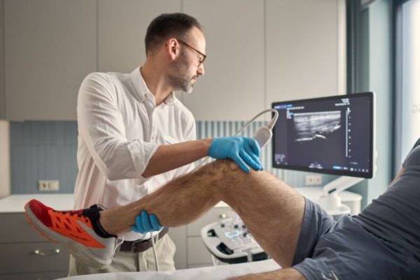 Dr Marcin Paśnik wykonujący badanie USG kolana – diagnostyka ultrasonograficzna stawu kolanowego w Synovia Warszawa